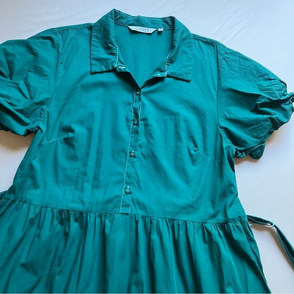 OMNES teal green cotton puff short sleeve belted tiered mini dress - Picture 4 of 8